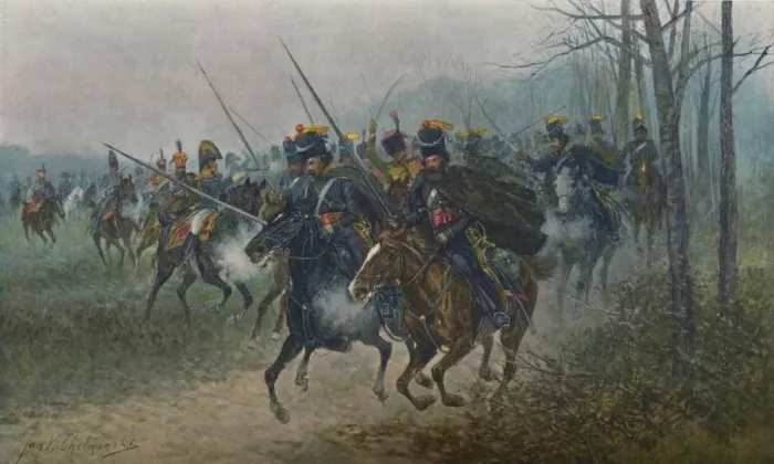 Framed Print : Napoleon and His Staff Surprised By Cossacks, 1812, (1896) Framed Print : Napoleon and His Staff Surprised By Cossacks, 1812, (1896)