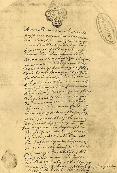 Napoleons birth certificate, 21 July 1771, (1921). Creator: Unknown