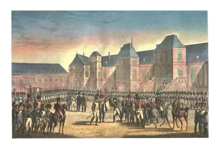 Framed Print : Napoleons Departure from Fontainebleau, 20 April 1814, (c1850). Artists: Francois Pigeot Framed Print : Napoleons Departure from Fontainebleau, 20 April 1814, (c1850). Artists: Francois Pigeot