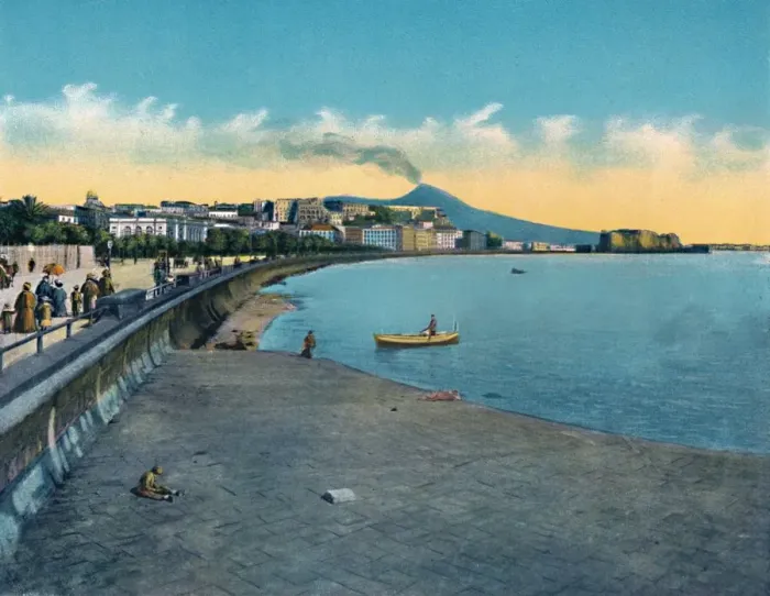 Framed Print : Napoli - Castello Dell Ovo E Via Caracciolo Con Vesuvio, c1900. Creator: Unknown Framed Print : Napoli - Castello Dell Ovo E Via Caracciolo Con Vesuvio, c1900. Creator: Unknown