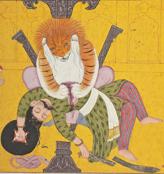 Framed Print : Narasimha Disemboweling Hiranyakashipu, Folio from a Bhagavata Purana, between c1760 and c1770. Creator: Unknown Framed Print : Narasimha Disemboweling Hiranyakashipu, Folio from a Bhagavata Purana, between c1760 and c1770. Creator: Unknown