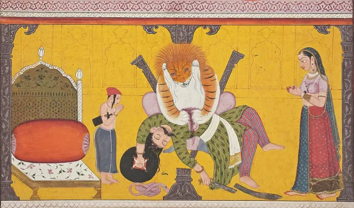 Framed Print : Narasimha Disemboweling Hiranyakashipu, Folio from a Bhagavata Purana, between c1760 and c1770. Creator: Unknown Framed Print : Narasimha Disemboweling Hiranyakashipu, Folio from a Bhagavata Purana, between c1760 and c1770. Creator: Unknown