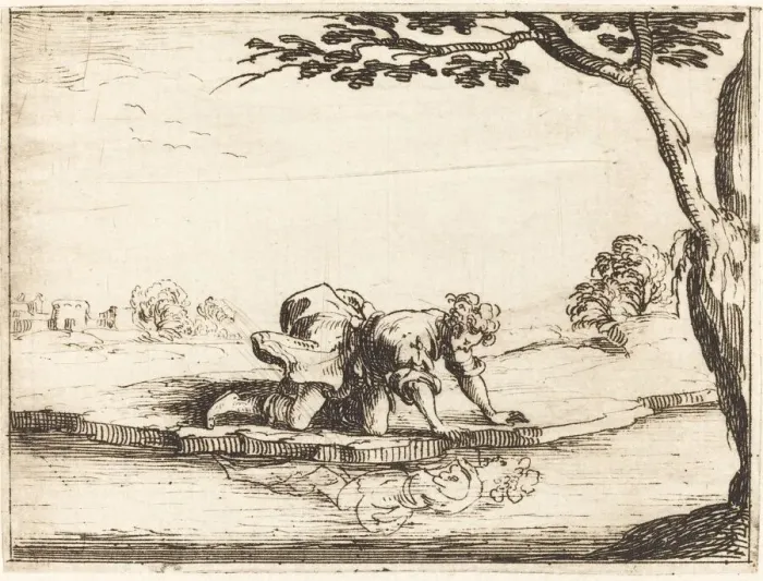 Framed Print : Narcissus Looking in the Water, 1628. Creator: Jacques Callot Framed Print : Narcissus Looking in the Water, 1628. Creator: Jacques Callot