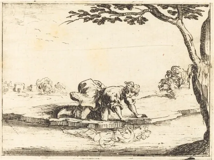 Framed Print : Narcissus Looking in the Water, 1628. Creator: Jacques Callot Framed Print : Narcissus Looking in the Water, 1628. Creator: Jacques Callot