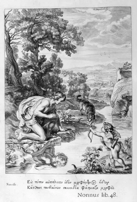 Framed Print : Narcissus in love with his own reflection, 1655. Artist: Michel de Marolles Framed Print : Narcissus in love with his own reflection, 1655. Artist: Michel de Marolles