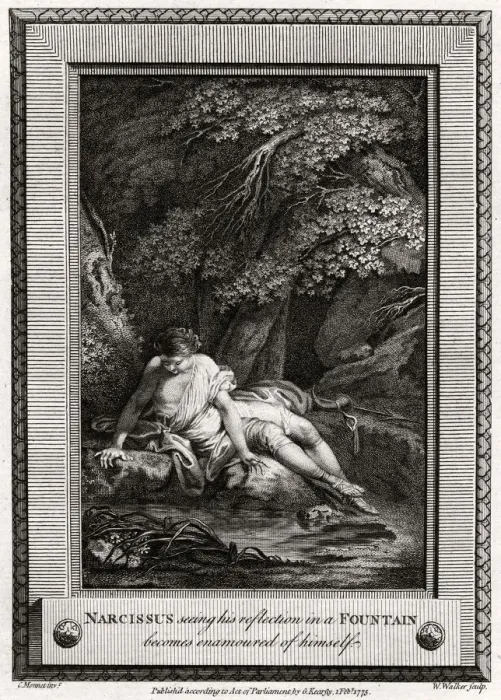 Framed Print : Narcissus seeing his reflection in a Fountain becomes enamourd of himself, 1775. Artist: W Walker Framed Print : Narcissus seeing his reflection in a Fountain becomes enamourd of himself, 1775. Artist: W Walker