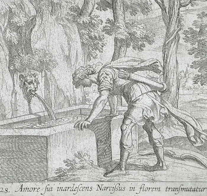 Framed Print : Narcissus at the Well, published 1606. Creators: Antonio Tempesta, Wilhelm Janson Framed Print : Narcissus at the Well, published 1606. Creators: Antonio Tempesta, Wilhelm Janson