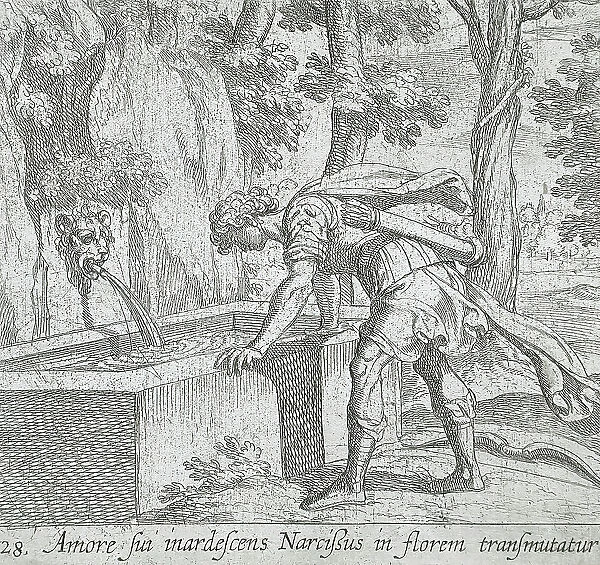 Narcissus at the Well, published 1606. Creators: Antonio Tempesta, Wilhelm Janson