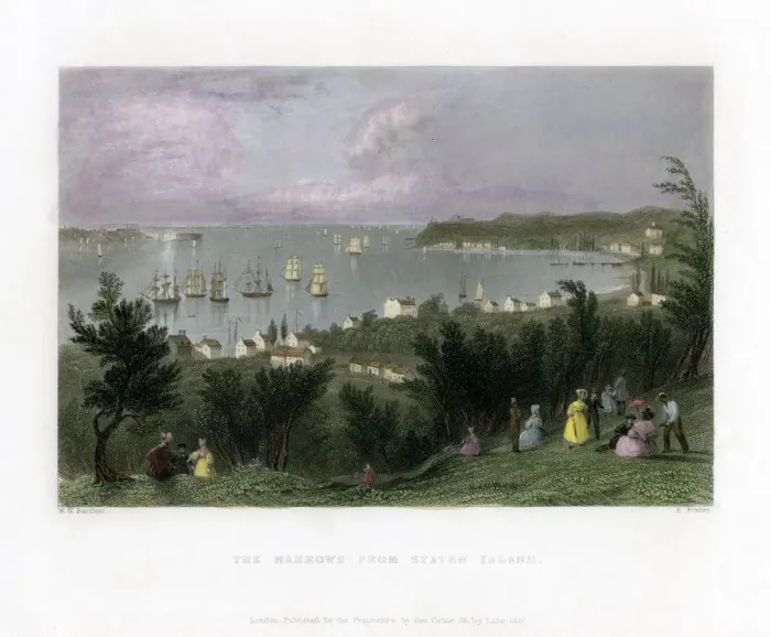 Framed Print : The Narrows as seen from Staten Island, New York, USA, 1837. Artist: E Finden Framed Print : The Narrows as seen from Staten Island, New York, USA, 1837. Artist: E Finden
