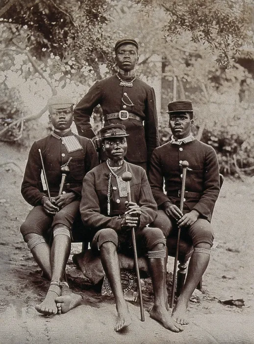 Framed Print : Natal, South Africa: four African policemen in uniform, 1896. Creator: Unknown Framed Print : Natal, South Africa: four African policemen in uniform, 1896. Creator: Unknown