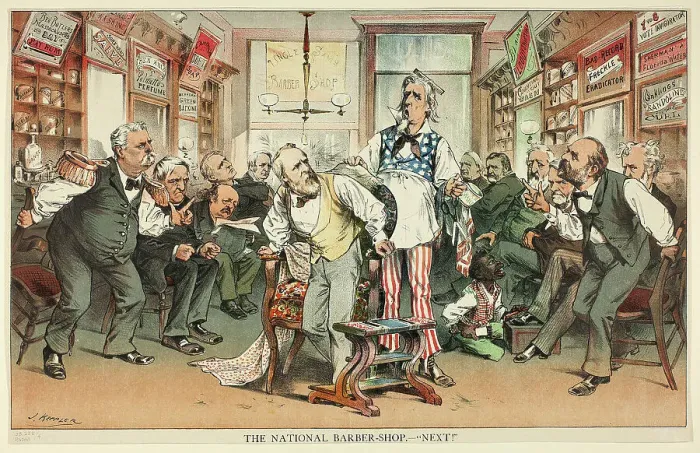Framed Print : The National Barber Shop - Next, n.d. Creator: Joseph Keppler Framed Print : The National Barber Shop - Next, n.d. Creator: Joseph Keppler