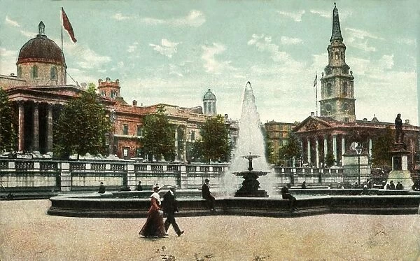 The National Gallery, St Martin in the Fields, and fountains in Trafalgar Square, London, c1910