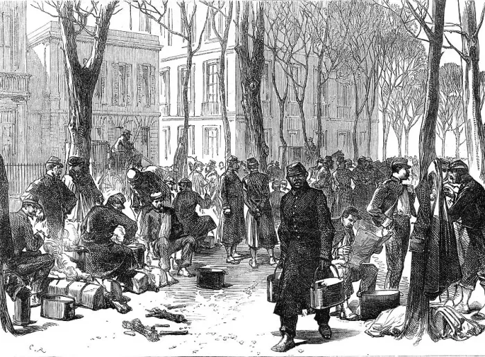 Framed Print : National Guards at breakfast in the streets of Bordeaux, 1871. Creator: C. R Framed Print : National Guards at breakfast in the streets of Bordeaux, 1871. Creator: C. R