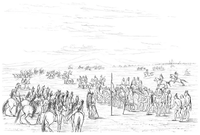 Framed Print : Native American horse race, 1841. Artist: Myers and Co Framed Print : Native American horse race, 1841. Artist: Myers and Co