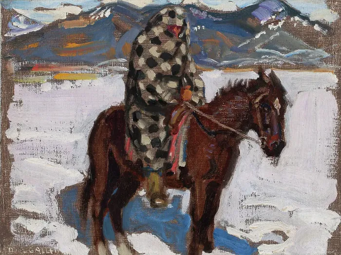 Framed Print : Native American on Horseback in Snow, 1925. Creator: Akseli Gallen-Kallela Framed Print : Native American on Horseback in Snow, 1925. Creator: Akseli Gallen-Kallela