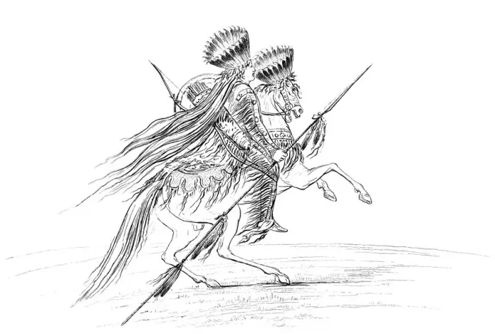 Framed Print : Native American male with weapons and headdress, riding a horse, 1841. Artist: Myers and Co Framed Print : Native American male with weapons and headdress, riding a horse, 1841. Artist: Myers and Co
