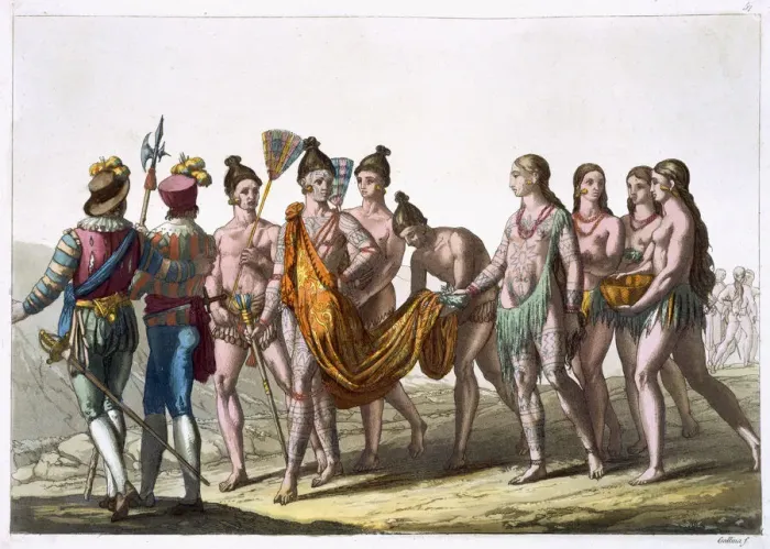 Framed Print : Native American widows approach their chief for permission to remarry, c1820-1839 Framed Print : Native American widows approach their chief for permission to remarry, c1820-1839
