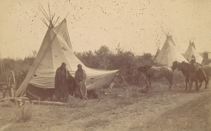Framed Print : Native American Women and Horses by Teepee in Camp, 1880s-90s. Creator: Unknown Framed Print : Native American Women and Horses by Teepee in Camp, 1880s-90s. Creator: Unknown