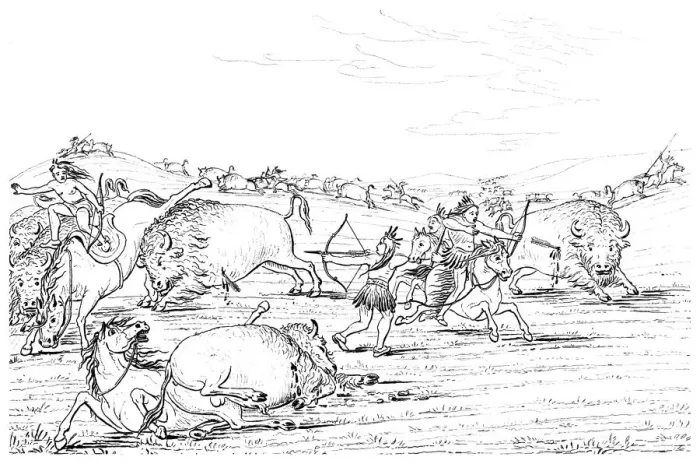 Framed Print : Native Americans hunting buffalo, 1841. Artist: Myers and Co Framed Print : Native Americans hunting buffalo, 1841. Artist: Myers and Co