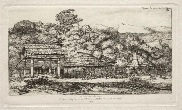 Framed Print : Native Barns and Huts at Akaroa, Banks Peninsula, 1845, 1865. Creator: Charles Meryon (French Framed Print : Native Barns and Huts at Akaroa, Banks Peninsula, 1845, 1865. Creator: Charles Meryon (French