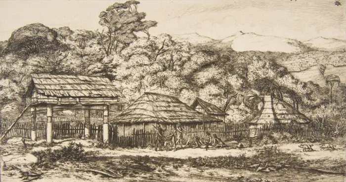 Framed Print : Native Barns and Huts at Akaroa, Banks Peninsula, 1845, 1860. Creator: Charles Meryon Framed Print : Native Barns and Huts at Akaroa, Banks Peninsula, 1845, 1860. Creator: Charles Meryon