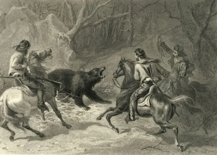 Framed Print : Native Californians Lassoing a Bear, 1874. Creator: Francis Holl Framed Print : Native Californians Lassoing a Bear, 1874. Creator: Francis Holl