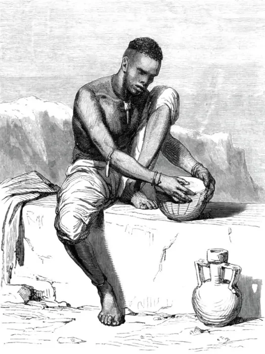 Framed Print : Native of the Dinka tribe, white Nile, mending his drum; The Nile Valley above Khartum, 1875. Creator: Unknown Framed Print : Native of the Dinka tribe, white Nile, mending his drum; The Nile Valley above Khartum, 1875. Creator: Unknown