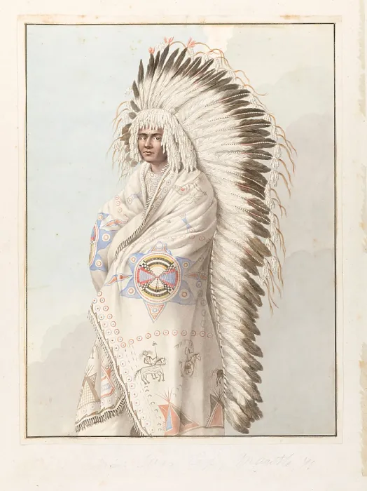 Framed Print : Native North American costume: a man wearing a decorated robe and a feather headdress, (1855?). Creator: Thomas Bateman Framed Print : Native North American costume: a man wearing a decorated robe and a feather headdress, (1855?). Creator: Thomas Bateman