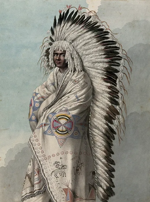 Framed Print : Native North American costume: a man wearing a decorated robe and a feather headdress, (1855?). Creator: Thomas Bateman Framed Print : Native North American costume: a man wearing a decorated robe and a feather headdress, (1855?). Creator: Thomas Bateman