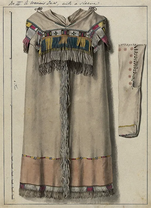 Framed Print : Native North American costume: a woman's dress, with a sleeve, (1855?). Creator: Thomas Bateman. Native North American costume: a woman's dress, with a sleeve, (1855?) Framed Print : Native North American costume: a woman's dress, with a sleeve, (1855?). Creator: Thomas Bateman. Native North American costume: a woman's dress, with a sleeve, (1855?)