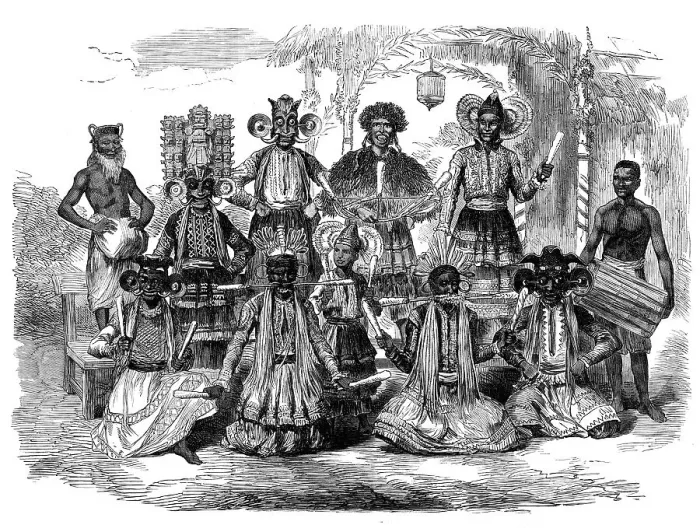 Framed Print : Native performance, called Hobson Jobson, on the festival of the Cingalese New Year, 1870. Creator: Unknown Framed Print : Native performance, called Hobson Jobson, on the festival of the Cingalese New Year, 1870. Creator: Unknown