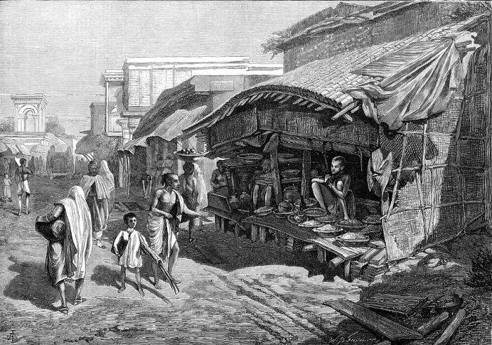 Framed Print : Native shop in Bazaar-Street, Calcutta, 1874. Creator: Unknown Framed Print : Native shop in Bazaar-Street, Calcutta, 1874. Creator: Unknown