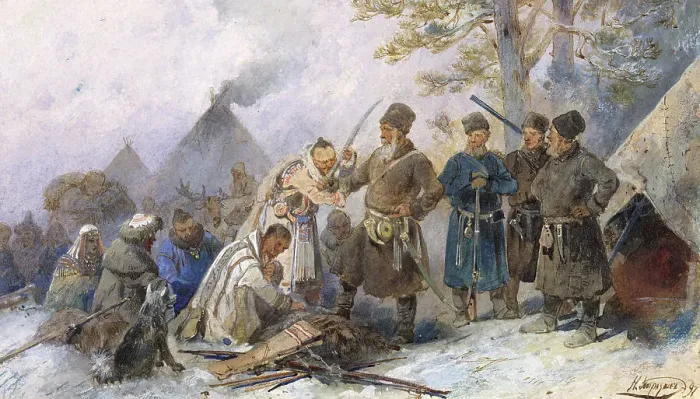 Framed Print : Natives of Siberia Being Brought Under the Tsar's Rule. Kissing the Ataman's Saber... 19th century. Creator: Nikolay Nikolaevich Karazin Framed Print : Natives of Siberia Being Brought Under the Tsar's Rule. Kissing the Ataman's Saber... 19th century. Creator: Nikolay Nikolaevich Karazin