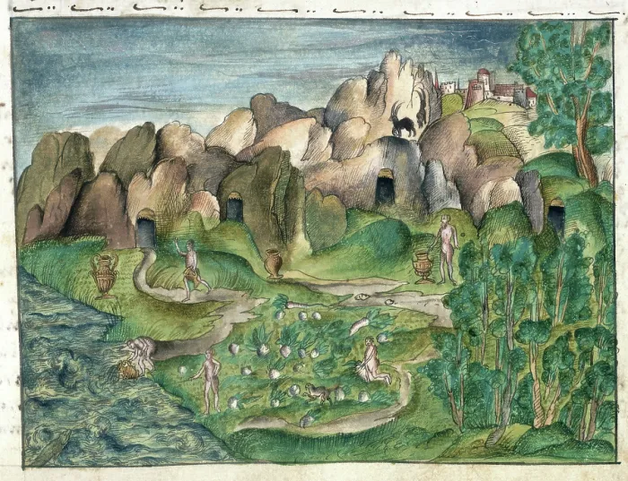 Framed Print : The natives of Venezuela, using gold vessels, cultivating maize and fishing, 1560-1632. Creator: Unknown Framed Print : The natives of Venezuela, using gold vessels, cultivating maize and fishing, 1560-1632. Creator: Unknown