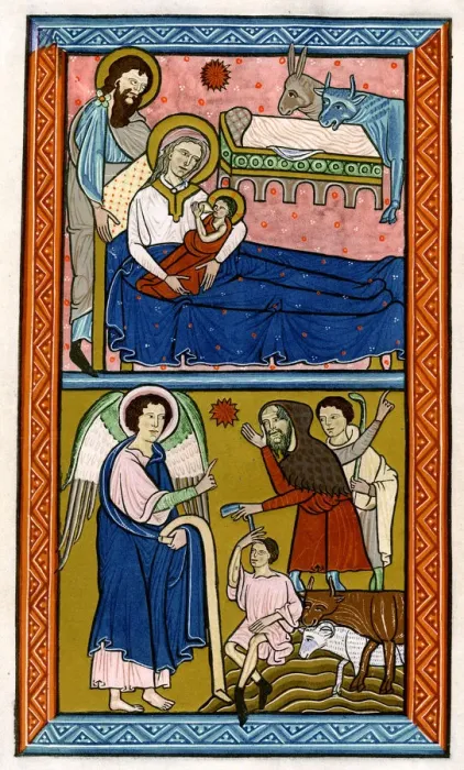 Framed Print : The Nativity and the Annunciation to the Shepherds, early 13th century Framed Print : The Nativity and the Annunciation to the Shepherds, early 13th century