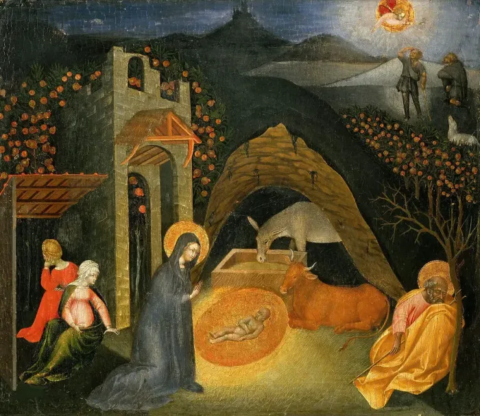 Framed Print : The Nativity with the Annunciation to the Shepherds, ca 1435. Creator: Giovanni di Paolo (ca 1403-1482) Framed Print : The Nativity with the Annunciation to the Shepherds, ca 1435. Creator: Giovanni di Paolo (ca 1403-1482)