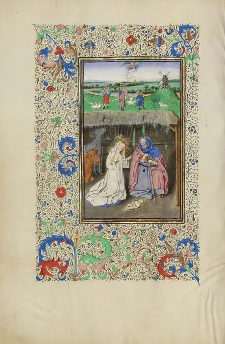 Framed Print : The Nativity and The Annunciation to the Shepherds; Llangattock Hours, 1450s. Creator: Master of the Llangattock Hours Framed Print : The Nativity and The Annunciation to the Shepherds; Llangattock Hours, 1450s. Creator: Master of the Llangattock Hours
