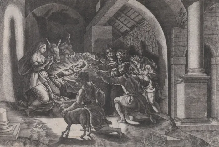 Framed Print : The Nativity, dated 1531. Creator: Agostino Veneziano Framed Print : The Nativity, dated 1531. Creator: Agostino Veneziano