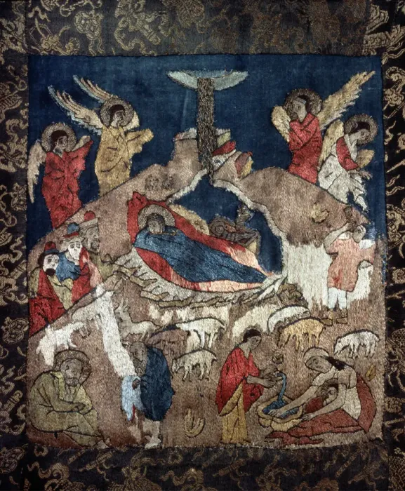 Framed Print : Nativity (Detail of a shroud), 15th century. Artist: Russian master Framed Print : Nativity (Detail of a shroud), 15th century. Artist: Russian master