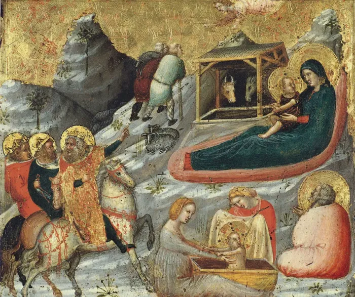 Framed Print : The Nativity and other Episodes from the Childhood of Christ. Artist: Pietro da Rimini (active ca 1330)