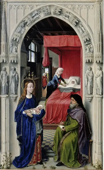 Framed Print : The Nativity of John the Baptist (The Altar of St. John, left panel), ca 1455. Artist: Weyden, Rogier, van der (ca. 1399-1464) Framed Print : The Nativity of John the Baptist (The Altar of St. John, left panel), ca 1455. Artist: Weyden, Rogier, van der (ca. 1399-1464)