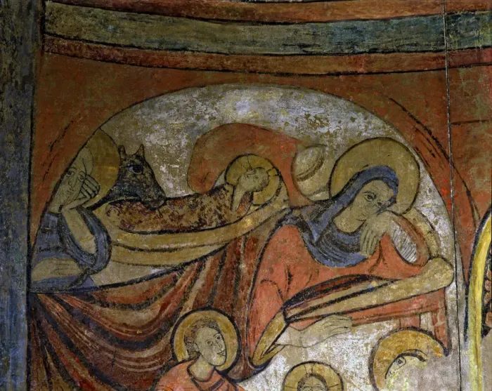 Framed Print : The Nativity, detail of mural Paintings in the apse, Polinya c Framed Print : The Nativity, detail of mural Paintings in the apse, Polinya c