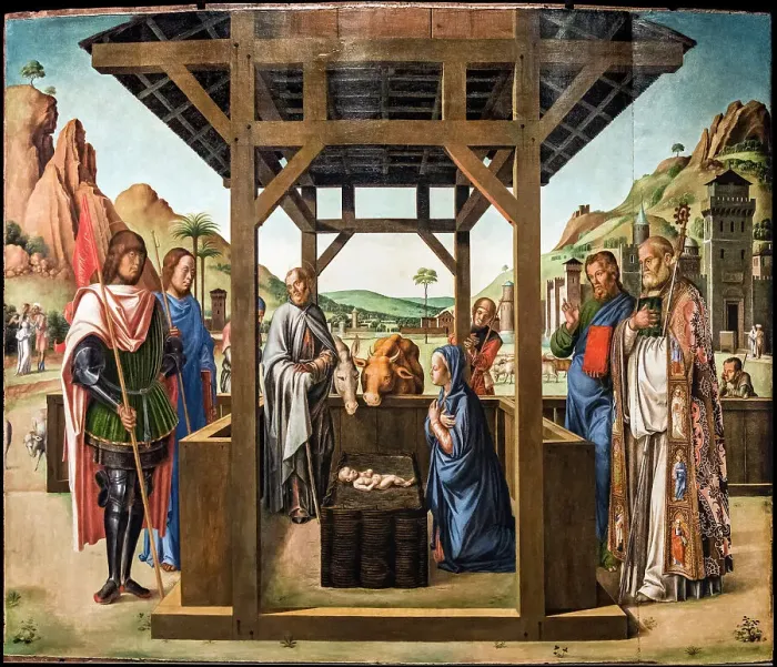 Framed Print : Nativity between Saints James and Eustace, Nicholas and Mark, c1494. Creator: Bastiani; Lazzaro (1429-1512) Framed Print : Nativity between Saints James and Eustace, Nicholas and Mark, c1494. Creator: Bastiani; Lazzaro (1429-1512)
