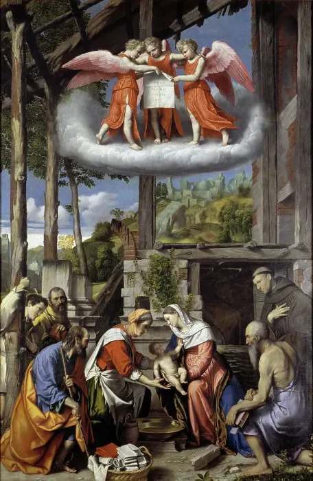 Framed Print : Nativity with Shepherds, Saint Jerome and a Donor, 1529-1535. Creator: Moretto da Brescia, Alessandro (ca 1498 - 1554) Framed Print : Nativity with Shepherds, Saint Jerome and a Donor, 1529-1535. Creator: Moretto da Brescia, Alessandro (ca 1498 - 1554)