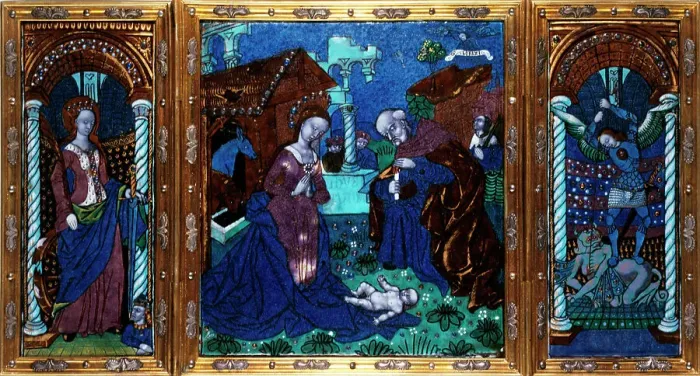 Framed Print : The Nativity with St Catherine and St Michael, c.1500. Creator: Workshop of the Master of the Triptych of Louis XII Framed Print : The Nativity with St Catherine and St Michael, c.1500. Creator: Workshop of the Master of the Triptych of Louis XII