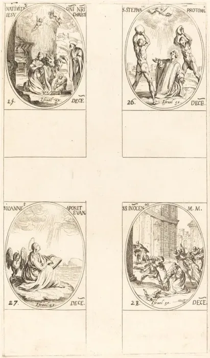 Framed Print : The Nativity; St. Stephen; St. John; Holy Innocents. Creator: Jacques Callot Framed Print : The Nativity; St. Stephen; St. John; Holy Innocents. Creator: Jacques Callot