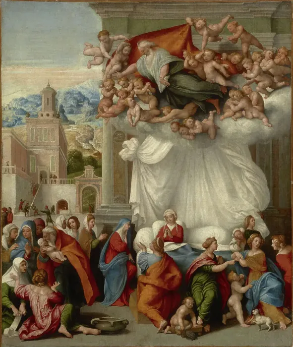 Framed Print : The Nativity of the Virgin, c 1550. Creator: Caroto, Giovan Francesco (c. 1480-1555) Framed Print : The Nativity of the Virgin, c 1550. Creator: Caroto, Giovan Francesco (c. 1480-1555)