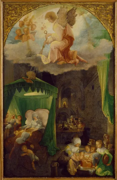Framed Print : The Nativity of the Virgin, ca 1521. Artist: Huber, Wolf (1480 / 5-1553) Framed Print : The Nativity of the Virgin, ca 1521. Artist: Huber, Wolf (1480 / 5-1553)