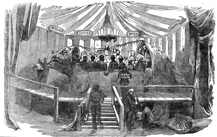 Framed Print : Naturalists dining inside a model of a dinosaur, Crystal Palace, Sydenham, New Years Eve, 1853 Framed Print : Naturalists dining inside a model of a dinosaur, Crystal Palace, Sydenham, New Years Eve, 1853