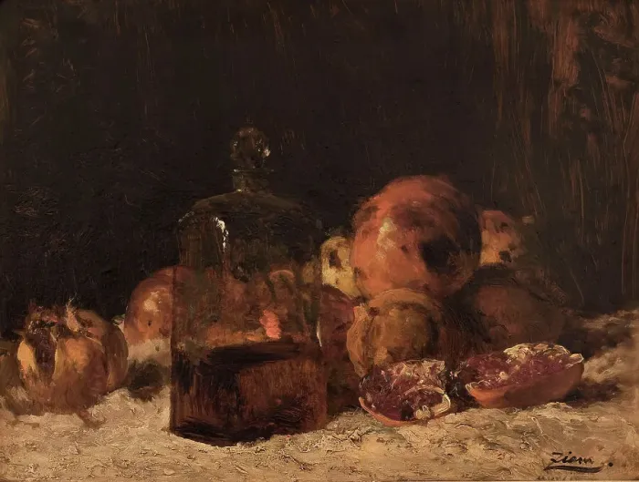 Framed Print : Nature morte au flacon et aux grenades, between 1860 and 1865. Creator: Felix Francois Georges Philibert Ziem Framed Print : Nature morte au flacon et aux grenades, between 1860 and 1865. Creator: Felix Francois Georges Philibert Ziem